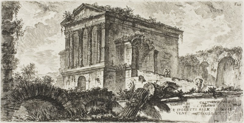 Temple of Clitumnus between Foligno and Spoleto, plate 26 from Some Views of Triumphal Arches and other monuments, 1748, Giovanni Battista Piranesi, Italian, 1720-1778, Italy, Etching on ivory laid paper, 134 x 266 mm (plate), 343 x 462 mm (sheet)