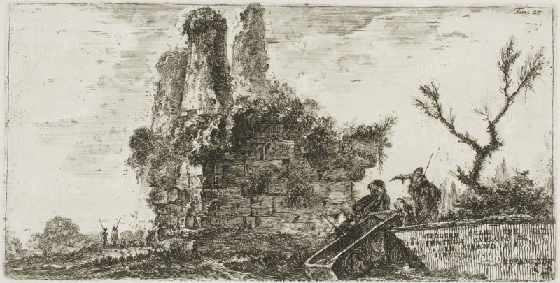Tomb of the three Curiatii brothers in Albano, plate 27 from Some Views of Triumphal Arches and other monuments, 1748, Giovanni Battista Piranesi, Italian, 1720-1778, Italy, Etching on ivory laid paper, 133 x 261 mm (image), 133 x 264 mm (plate), 345 x 462 mm (sheet)
