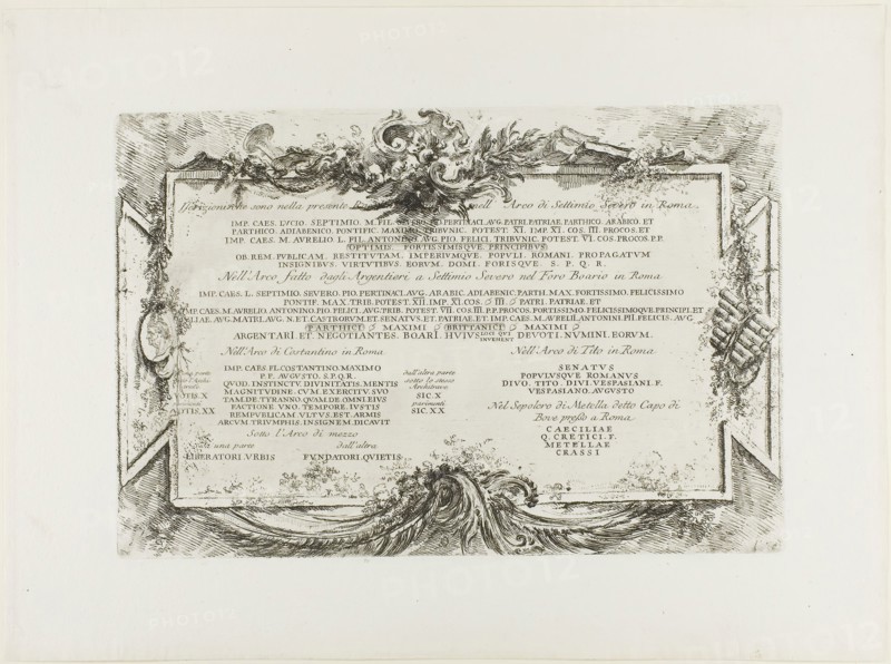 Transcription of various ancient Latin inscriptions, from Some Views of Triumphal Arches and other monuments, 1748, Giovanni Battista Piranesi, Italian, 1720-1778, Italy, Etching on ivory laid paper, 238 x 354 mm (plate), 347 x 467 mm (sheet)