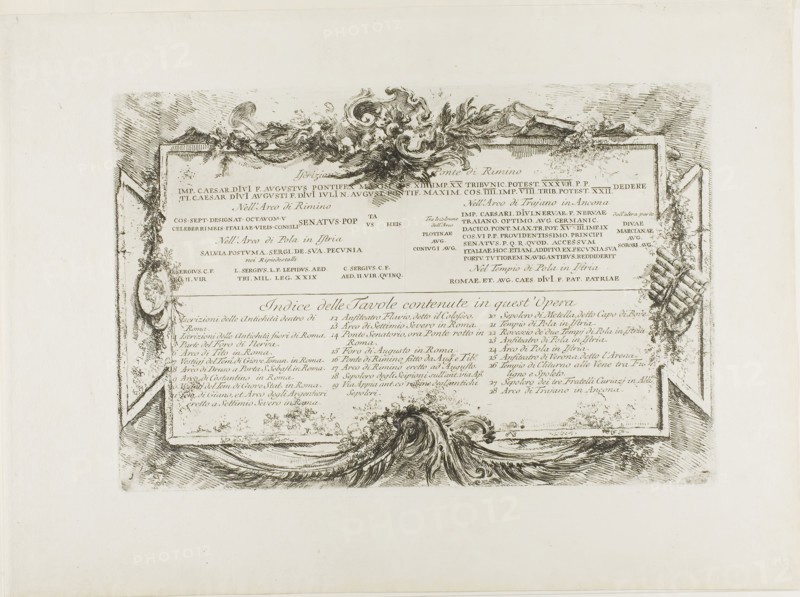 Transription of Ancient Latin Inscriptions and Index, from Some Views of Triumphal Arches and other monuments, 1748, Giovanni Battista Piranesi, Italian, 1720-1778, Italy, Etching on ivory laid paper, 238 x 355 mm (plate), 349 x 472 mm (sheet)