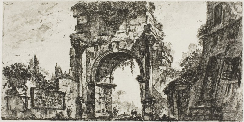 Arch of Drusus at the Porta S. Sebastiano in Rome, plate 8 from Some Views of Triumphal Arches and other monuments, 1748, Giovanni Battista Piranesi, Italian, 1720-1778, Italy, Etching on ivory laid paper, 132 x 265 mm (plate), 348 x 465 mm (sheet)