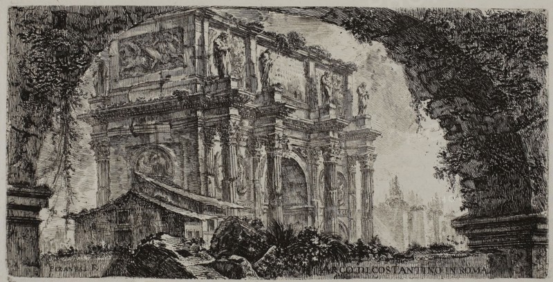Arch of Constantine in Rome, plate 9 from Some Views of Triumphal Arches and other monuments, 1748, Giovanni Battista Piranesi, Italian, 1720-1778, Italy, Etching on ivory laid paper, 130 x 260 mm (plate), 343 x 464 mm (sheet)