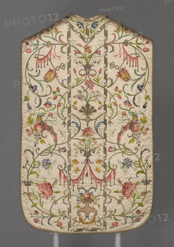 Chasuble, 1740/50, Italy, Piemonte, Italy, Silk, warp-float faced 7:1 satin weave, embroidered with silk and gilt- and silvered-metal-strip-wrapped silk in satin and split stitches, laid work, couching, and padded couching, lined with silk, plain weave, underlining with linen, plain weave, edged with gilt-metal-strip-wrapped silk, bobbin lace, 108.3 x 66.5 cm (42 5/8 x 26 1/8 in.)