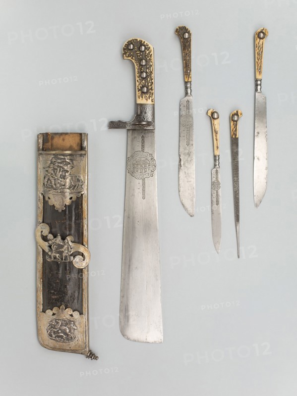 Hunting Trousse (Waidpraxe) with the Coat of Arms and Initials of Christian II, Elector of Saxony, 1609, German (Saxony), Dresden, Silversmith: Joachim Puttlost, active 1607-1652, Germany, Steel, iron, silver, gilding, staghorn, wood, and leather, Cleaver L. 47 cm (18 1/2 in.), Blade L. 32.8 cm (12 7/8 in.), Wt. 2 lb.