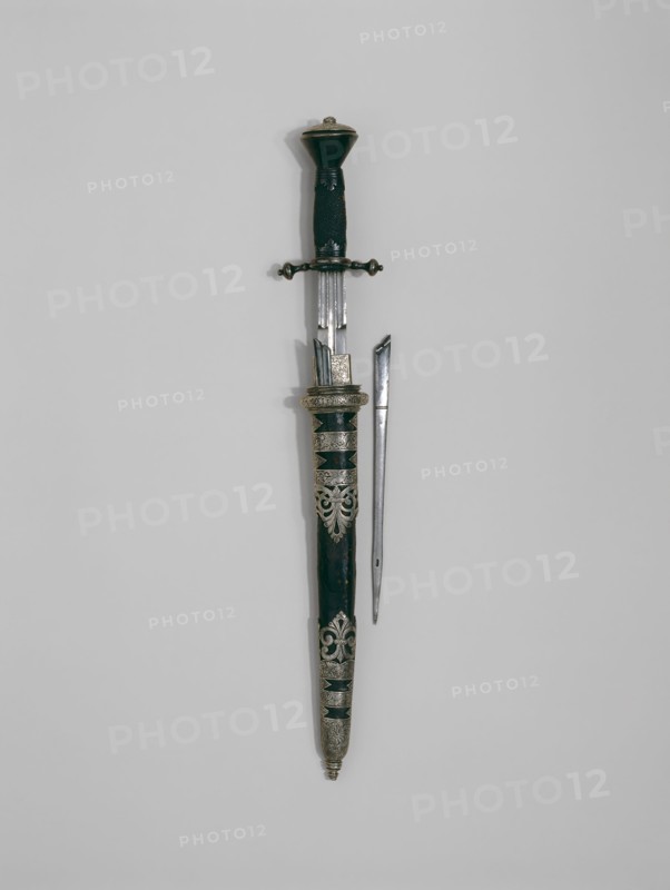 Dagger with Two Awls and Sheath for the Bodyguard of the Elector of Saxony, 1580, Silver mounts marked by Wolf Paller Paller (German, died 1583), Dresden, Dresden, Steel, silver, wood, and leather, L. 36.8 cm (14 1/2 in.)