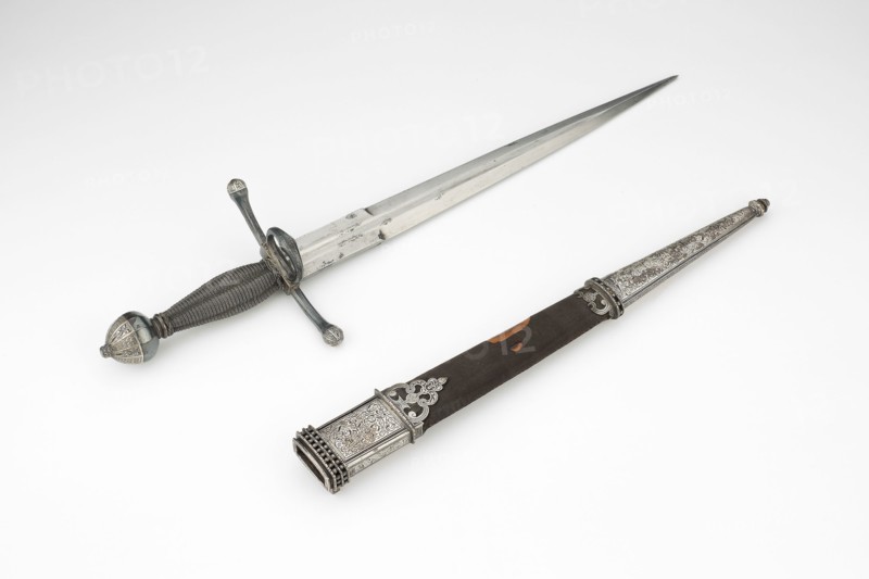 Parrying Dagger with Scabbard, 1590/1600, German, Dresden, Dresden, Steel, silver, and wood, silvered hilt and silver-mounted scabbard, Overall L. 38.8 cm (15 1/4 in.)
