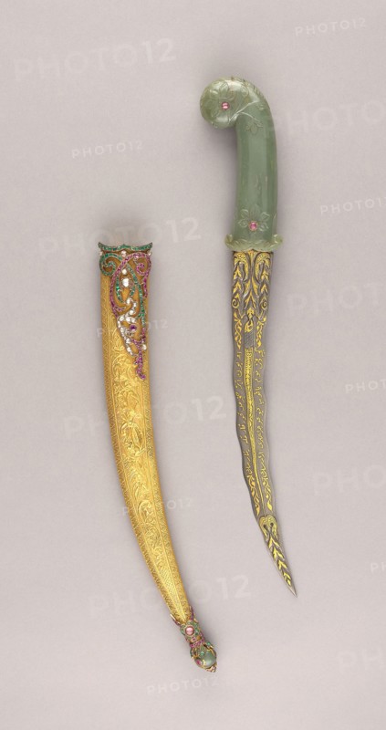 Dagger (Khanjar) with Scabbard, 18th/19th century, Blade, Iranian, dated 1128 Hejira (A.D. 1715), Ottoman Turkish, Dahestan, Steel, gold, and jewels, L. 45.8 cm (18 in.)