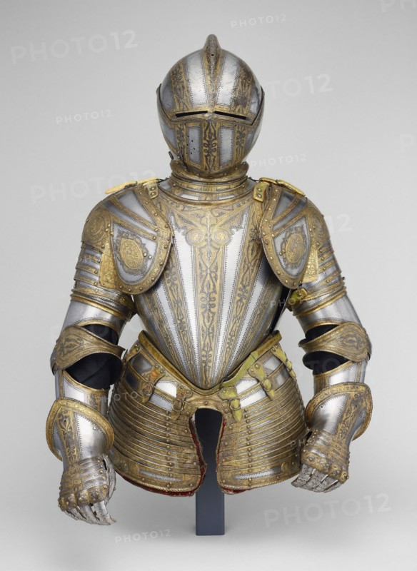 Garniture for Field and Foot Tourney at the Barriers, c. 1575, Northern Italian, Milan, Milan, Steel with gilding, brass, leather, velvet weave, and lace, H. 96.5 cm (38 in.)