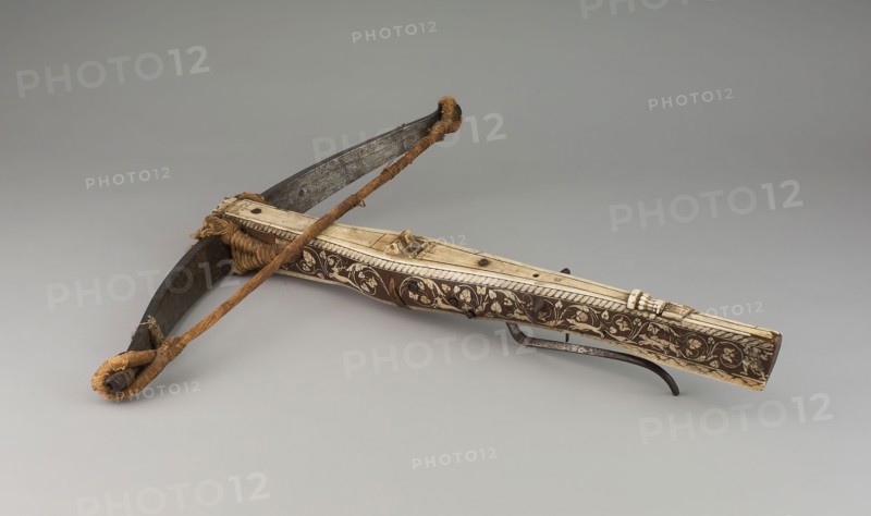 Crossbow, 1570, South German, Possibly Nuremburg, Nuremberg, Steel, fruitwood, staghorn, ivory, silk fiber, and hemp, 10.8 × 62.9 × 61 cm (4 1/4 × 24 3/4 × 24 in.)