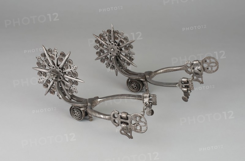 Pair of Rowel Spurs, 18th/19th century, Mexican, México, Iron, L. 13 cm (11 1/2 in.), W. 12.1 cm (4 3/4 in.), Rowel diam. 13 cm (5 1/4 in.)