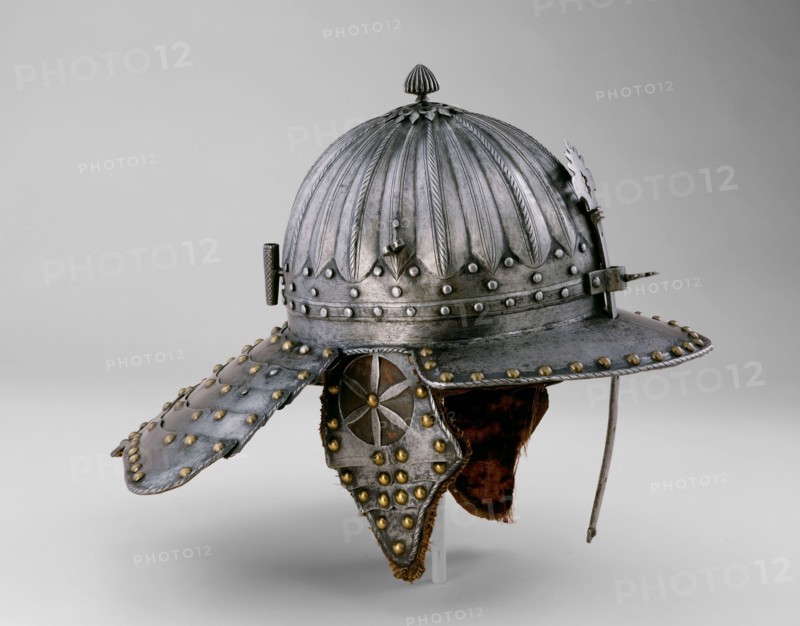 Zischägge (Helmet), 1620/30, Flemish, Flanders, Steel, brass, leather, and silk, H. 31.75 cm (12 1/2 in.)
