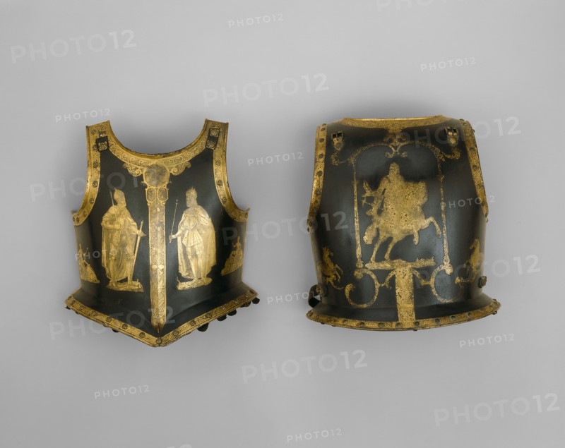 Zischägge (Helmet) and Cuirass of Emperor Ferdinand II, c. 1620, South German, Southern Germany, steel, gilding, brass, and leather, Helmet H. 41.7 cm (16 3/8 in.)
