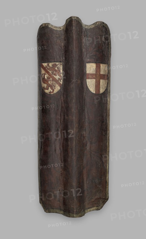 Pavise with the Arms of the League of Saint George and Winterthur, 1440/60, Swiss, Winterthur, Winterthur, Wood, leather, pigskin, iron, gesso, and pigment, 112.7 × 43.2 cm (45 3/8 × 17 in.)