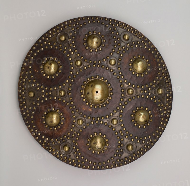 Highland Targe, early 18th century, Scottish, Scotland, Wood (fir), leather, and brass, Diam. 45.7 cm (18 in.), 44.5 cm (17 1/2 in.)