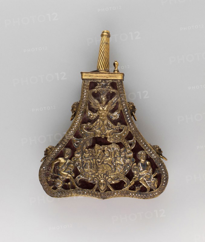 Powder Flask, 1590 with later addtions, Italian, Italy, Wood, red velvet, brass, and enamel, H. 25.4 cm (10 in.)
