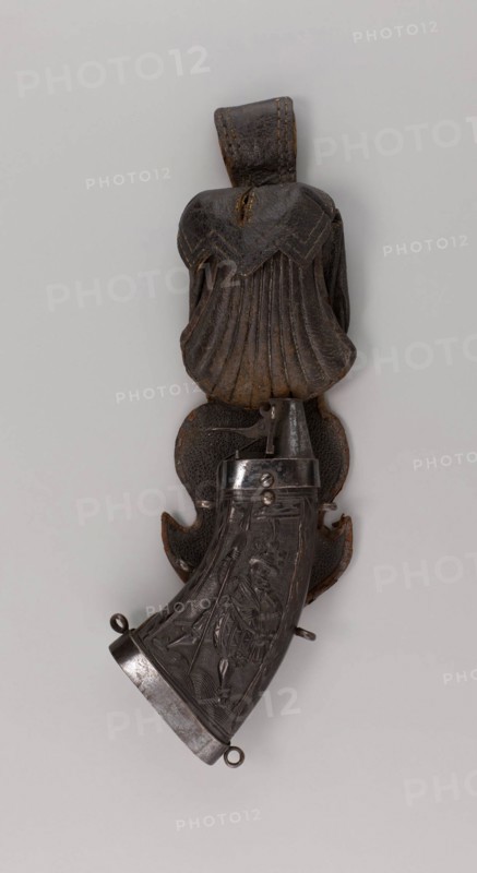 Powder Flask and Leather Carrier with Bullet Bag for the Bodyguard of the Elector of Saxony, 1600/10, German, Dresden, Saxony, Steel, cherrywood, and leather, H. 21.5 cm (8 1/2 in.)