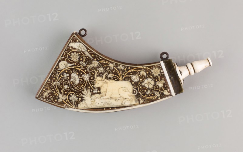 Powder Flask for Archduke Mathias of Austria (Emperor 1612-19), early 17th century, Austrian, Germany, Walnut, horn, ivory, and iron, L. 21.2 cm (8 3/8 in.)