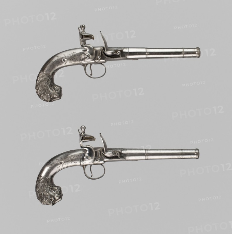 Pair of Flintlock Turn-Off Pistols, 1760/70, English, London, London, Steel, leather, and flint, L. 30 cm (11 13/16 in.)
