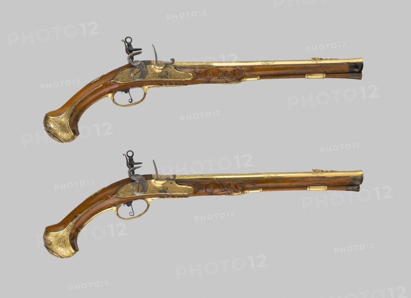 Pair of Flintlock Holster Pistols, c. 1700/25, Austrian, Vienna, Vienna, steel, brass, gilding, walnut, and horn, L. 53.3 cm (21 in.)