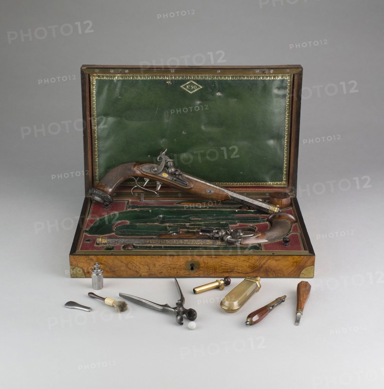 Cased Pair of Percussion Pistols with Accessories, 1814, Gunsmith: Jean Le Page French, 1746-1834, Paris, France, Steel, gold, silver, brass, lead, copper, walnut, rosewood, Hungarian ash, horn, and leather, L. (each): 37.5 cm (14 3/4 in.)