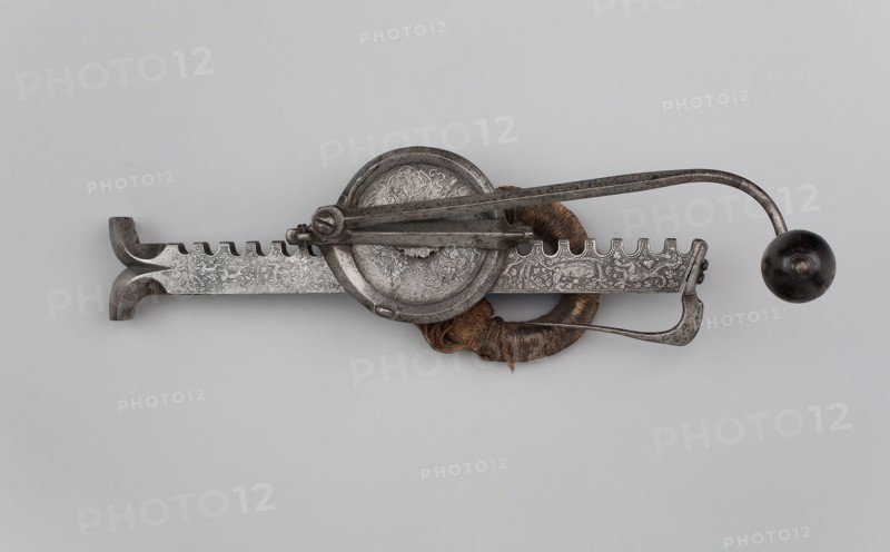 Cranequin (Winder) for a Sporting Crossbow, 16th century, Swiss, Switzerland, Steel, wood, and cord, L. 59.7 cm (23 1/2 in.)