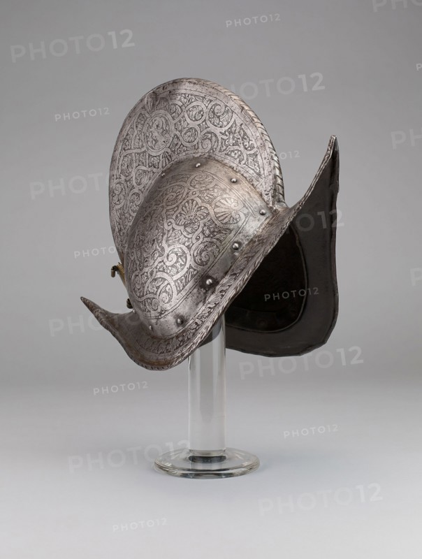 Comb Morion, 1570, French, France, Steel, iron, brass, and leather, 24.1 × 40.6 × 35.6 cm (9 1/2 × 16 × 14 in.)