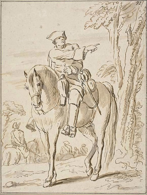 Equestrian Pointing Left, n.d., Charles Parrocel, French, 1688-1752, France, Pen and brown ink, with brush and gray-brown wash, on ivory laid paper, tipped onto buff laid paper, 220 × 166 mm