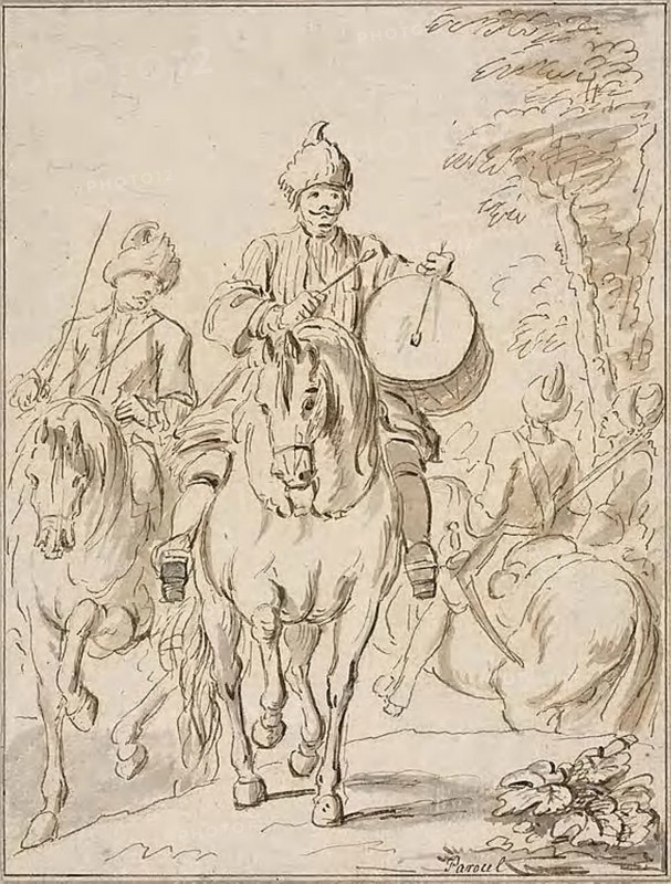 Oriental Riders, n.d., Charles Parrocel, French, 1688-1752, France, Pen and brown ink, with brush and gray and brown wash, over traces of graphite, on ivory laid paper, tipped onto buff laid paper, 232 × 176 mm