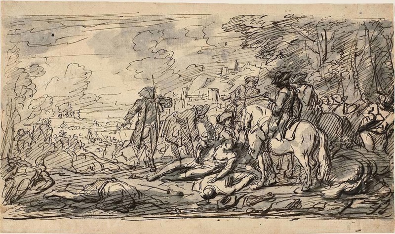 Cavalry Surveying the Wounded, n.d., Charles Parrocel (French, 1688-1752), or Joseph Francois Parrocel (French, 1704-1781), France, Pen and iron gall ink, with brush and gray wash, over traces of black chalk, on cream laid paper, 210 × 357 mm