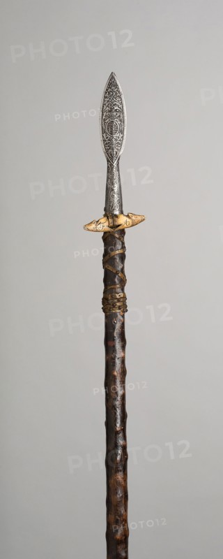 Boar Spear, 1680/1700 with later decoration, Austrian, Austria, Steel, brass, staghorn, leather, wood, and silk velvet, L. 149.9 cm (59 in.)