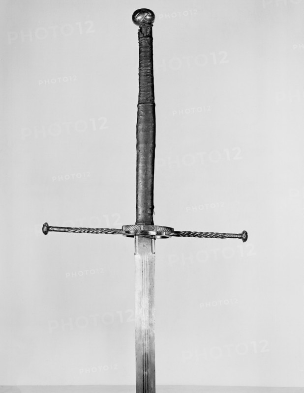 Two-Handed Sword, mid–16th century, German, Germany, Steel, leather, and buckram, Overall L. 167.6 cm (66 in.)