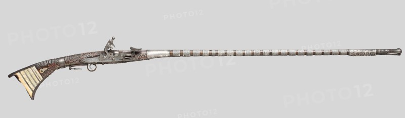 Snaphance Gun, 19th century, North African, Moroccan, Morocco, Wood, steel, silver, enamel, and bone, L. 62 1/2 in.