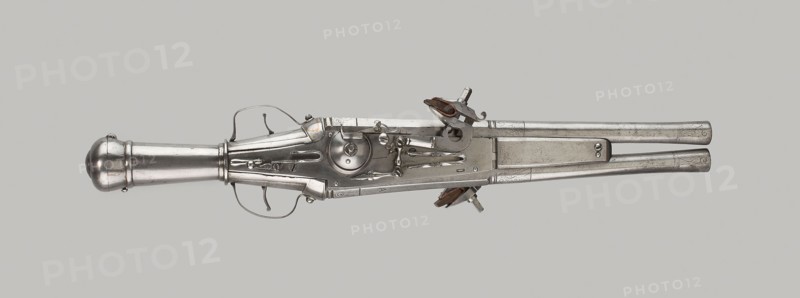 Double-Barrel Wheellock Pistol, c. 1570, German, Germany, Steel, copper alloy, leather, and wood, L. 49.2 cm (19 3/8 in.)
