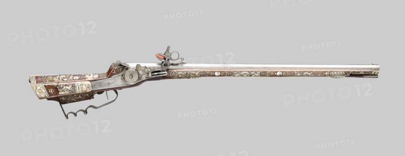 Wheellock Rifle, first half of 17th century, Silesia (present day Poland), Germany, Iron, silver, fruitwood, staghorn, and mother-of-pearl, L. 89.5 cm (35 1/4 in.)