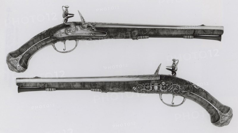 Pair of Flintlock Holster Pistols, c. 1670, Gunsmith: Gerrit Lasonder, (Dutch, active 1659-87), Utrecht, Utrecht, Steel, copper, walnut burl, L. 52 cm (20 1/2 in.)