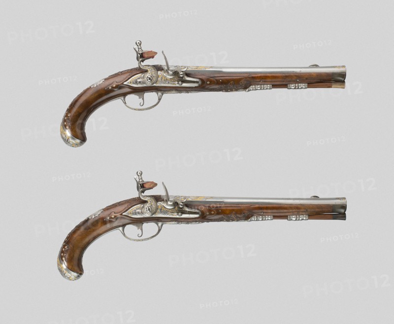 Pair of Flintlock Pistols, c. 1720, German, Suhl, Thuringia, Suhl, Steel, gilding, gold, and walnut, Overall L.: 40.6 cm (16 in.)