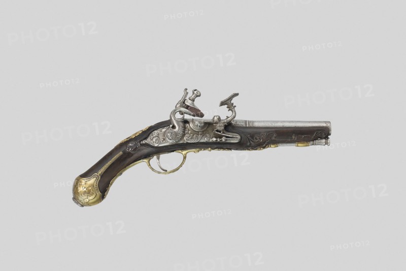 Snaphance Belt Pistol, dated 1775, in style of c. 1700, Lock signed Domenico Guardiani, Italian, Anghiara, died after 1839, Italy, Steel, brass, walnut, and gold, L. 26 cm (10 1/4 in.)