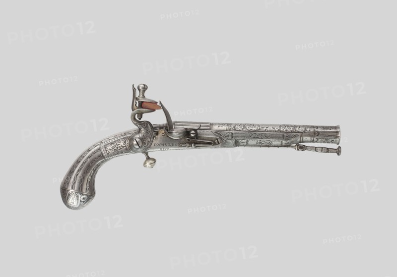 Flintlock Belt Pistol, c. 1780, Gunsmith: John Murdoch (Scottish), Doune, Doune, Steel, leather, and wood, Overall L. 28 cm (11 in.)