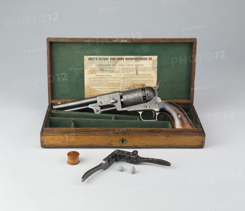 Cased Colt Dragoon Model 1848 (1st issue) Revolver, 1848/68, English, England, Steel, brass, oak (case), lead (bullets), and ivory (cap box), Caliber .44
