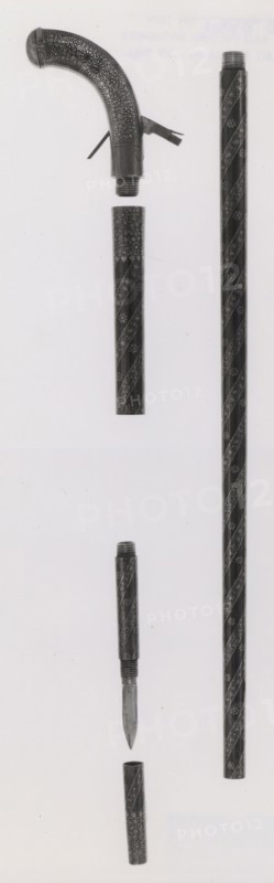 Combined Walking-Cane, Gun, Pistol, Sword, and Dagger, mid–19th century, Indian, India subcontinent, Wood, iron, steel, and silver