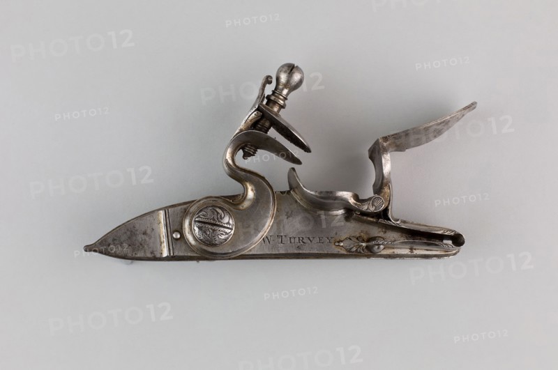 Flintlock of a Gun, 1740, English, London, Locksmith: William Turvey, Europe, Steel, L. 14.5 cm (5 11/16 in.)