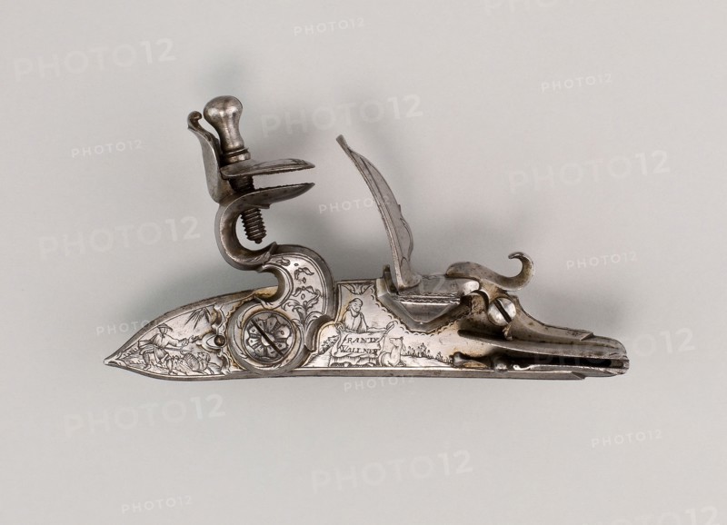 Detached Flintlock, late 18th century, German, Locksmith: Frantz Wallner, Europe, Steel, L. 13.2 cm (5 3/16 in.)