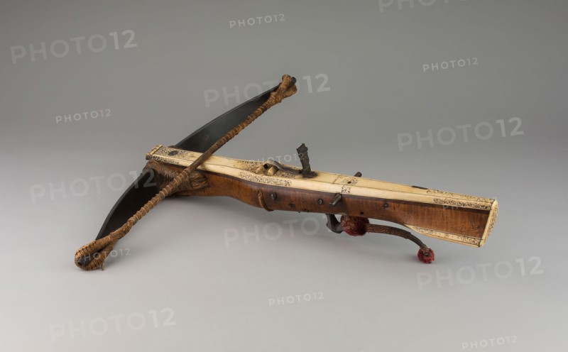 Crossbow, late 17th century, German, Germany, Wood, steel, staghorn, cord, and silk fiber, 14 x 62.2 x 58.4 cm (5 1/2 x 24 1/2 x 23 in.)