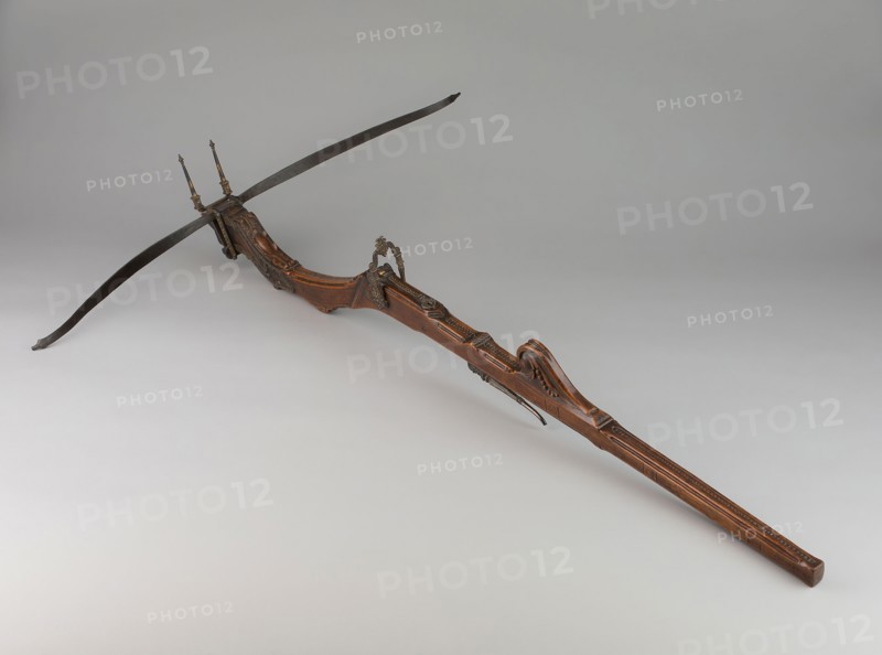 Pellet Crossbow, 1570/1600, Italian or French, France, Steel, iron, gold, cherrywood, and hemp, 17.2 × 105.4 × 69.9 cm (6 3/4 × 41 1/2 × 27 1/2 in.)