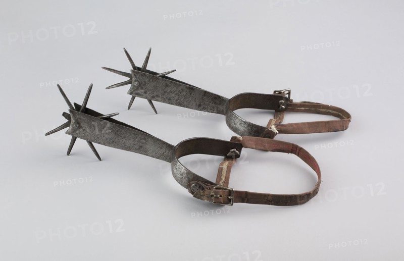 Pair of Spurs, 15th/16th century, Hungarian, Hungary, Steel and leather, L. 25.4 cm (10 in.), W. 8.3 cm (3 1/4 in.)