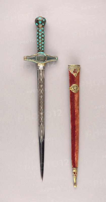 Composite Dagger, Grip (formally a mirror handle): Turkish, 16th century, Crossguard: Turkish, 19th century, Blade: European, probablly Spanish, late 16th–early 17th century, Turkish, Turkey, Nephrite, bloodstone, turquoise, gold, and copper alloy, L. 47.9 cm (18 3/4 in.)