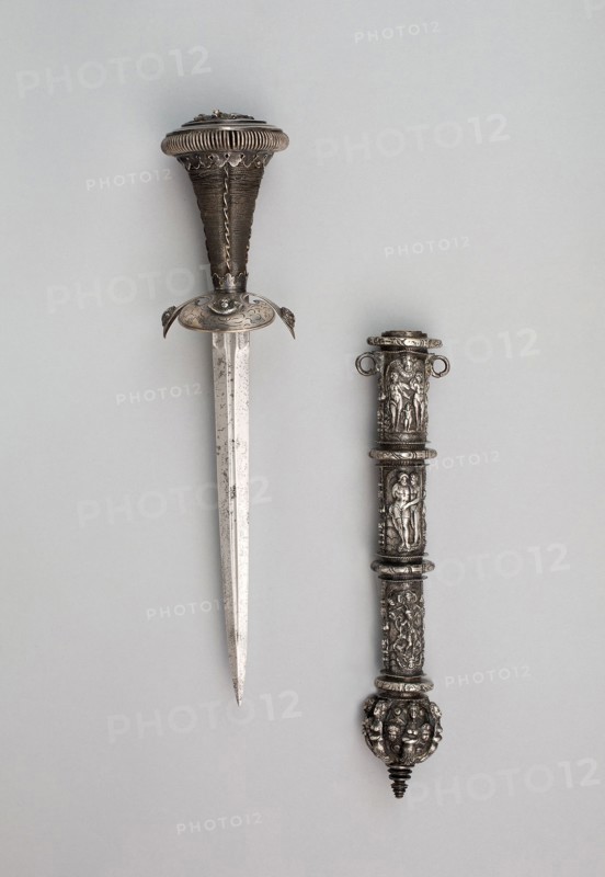 Dagger and Sheath, Scabbard: third quarter of 16th century, dagger: 19th century in 16th century style, German, Germany, Steel, silver, and wood, L. 30.5 cm (12 in.)