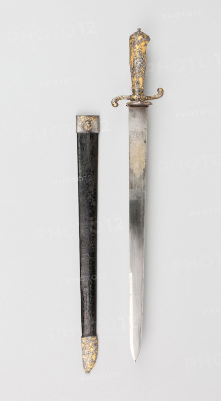 Hunting Hanger with Scabbard, 1740/60, French, France, Steel, gilding, wood and leather, Overall L. 51.6 cm (20 5/16 in.)