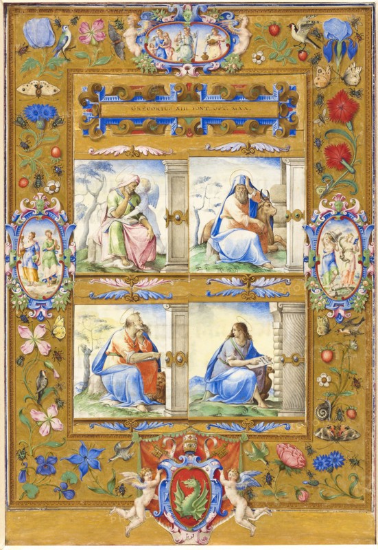 The Four Evangelists, within a Border of Flowers, Birds, and Insects, 1572, Circle of Giulio Clovio, Croatian, active Italy, 1498–1578, Italy, Tempera and gold paint on vellum, in paper montage with pen and brown ink and touches of watercolor, 367 x 250 mm (overall), individual miniatures: 78 x 75 mm (Matthew ), 77 x 75 mm (Mark), 78 x 78 mm (Luke), 78 x 77 mm (John), 343 x 245 mm (border)