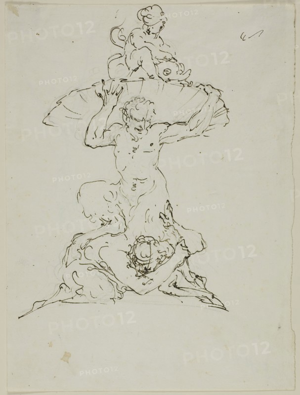 Fountain with Satyr and Putto (recto), Punchinello (verso), n.d., Unknown artist, Italian or French, 18th century, Italy, Pen and brown ink, over graphite (recto), and graphite (verso), on ivory laid  paper, 242 x 181 mm